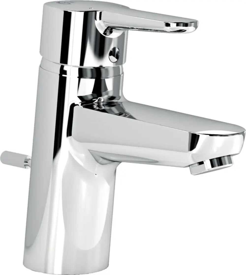 Chromfarbene Waschtischarmatur von Ideal Standard mit einem Hebel zum regulieren des Wasserflusses und einer Auslassöffnung.